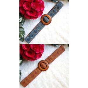 Vintage Woven Tapestry Belt Bohemian Embroidered Fabric Reversible Wooden Buckle